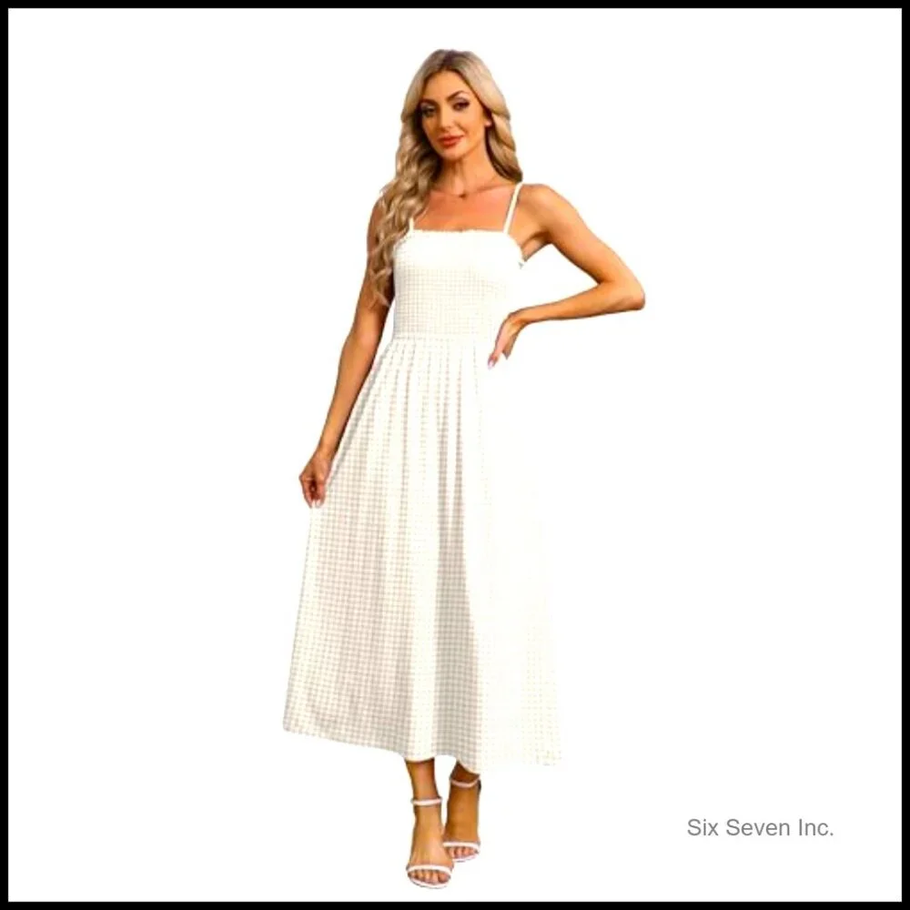 Spaghetti Strap Maxi Dress Smocked Boho Beach Casual Summer Flowy Sundress - Picture 4 of 7